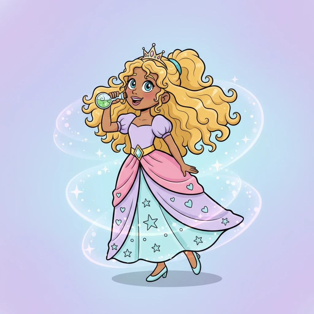 Petunia eagerly drank the potion. Instantly, her hair styled itself into an impossibly perfect cascade, her gown became spotless, and every movement was a picture of flawless grace. She glowed with an ethereal sheen, her smile radiant and utterly without blemish.