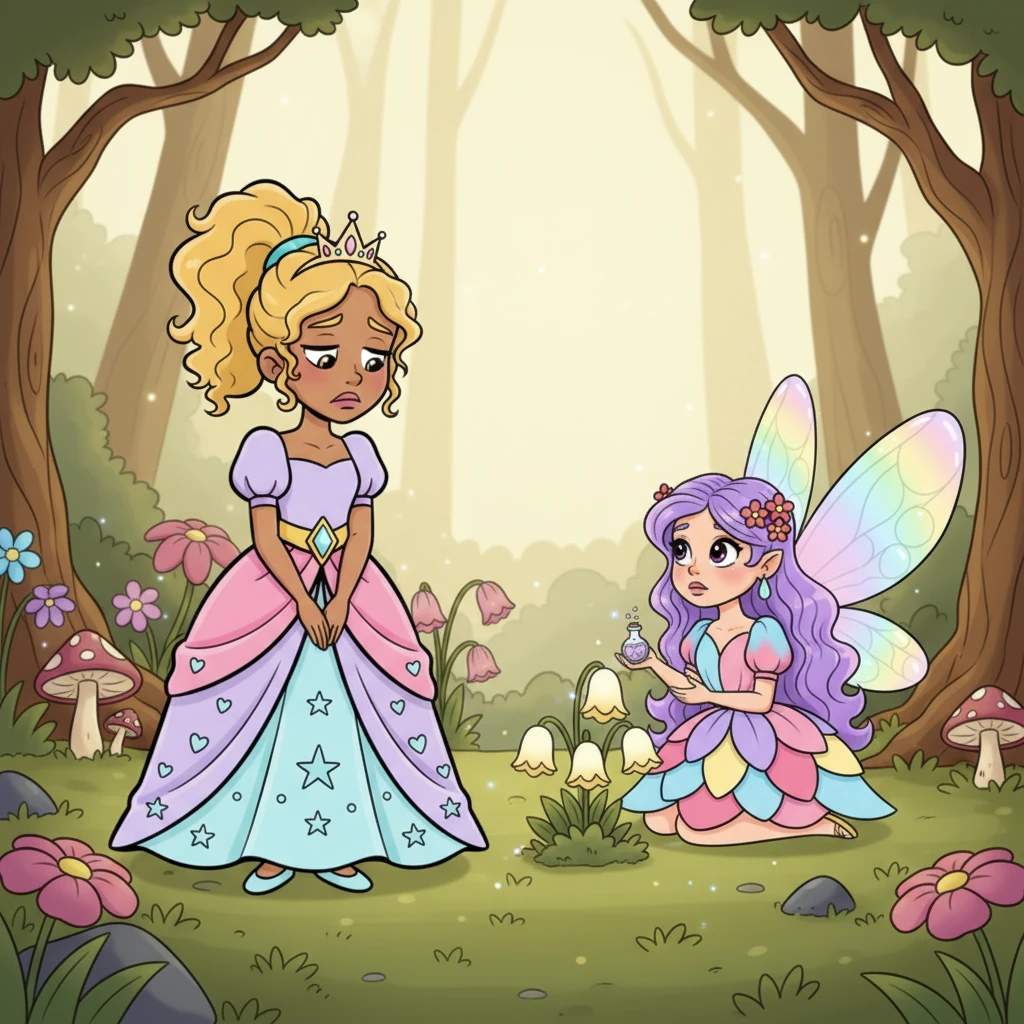 With a heavy heart, Petunia returned to Fizzwick's clearing. The fairy was still there, tending to glowing flowers. Petunia, her perfect posture drooping slightly, confessed that her perfection had made her feel utterly alone, pushing away the very people she loved.