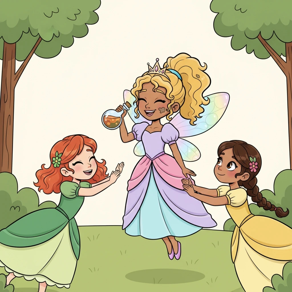 Fizzwick smiled kindly. "Perfection isn't about being flawless, dear," she explained gently. With another little flourish, she offered a second potion, this one swirling with warm, earthy colors. Petunia drank it, and a joyful sigh escaped her as a stray curl fell, a tiny smudge appeared on her cheek, and her friends rushed to embrace her, truly seeing their beloved princess once more.