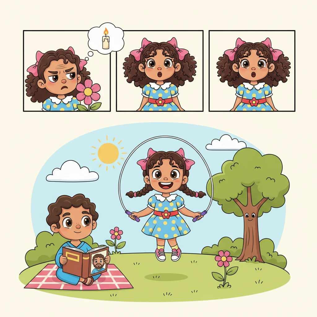 Cuando Luna siente ira, aprende a respirar profundamente, como si oliera una flor y soplara una vela, y luego cambia de actividad. Se enfoca en algo divertido hasta que se calma. Después, con la mente tranquila, puede leer la escritura y reflexionar, entendiendo mejor sus sentimientos.