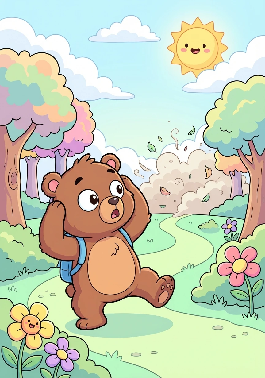 One sunny morning, Bruno heard a loud noise in the forest. Boom!