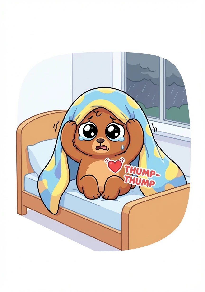 Bruno felt scared. His heart went thump-thump. He wanted to hide under his blanket.