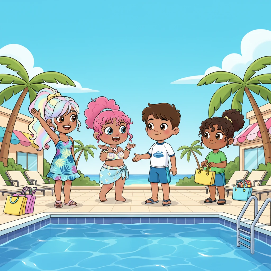 The sun shone brightly on the sparkling blue pool as the islanders arrived, their bags packed with swimwear and smiles. Lexi, with her big, bouncy pigtails, waved excitedly to Riley, who giggled as she paired up with the charmingly sporty James. George, with his kind eyes, quickly found a partner in Lexi, while the others settled into their initial pairings, ready for island fun.