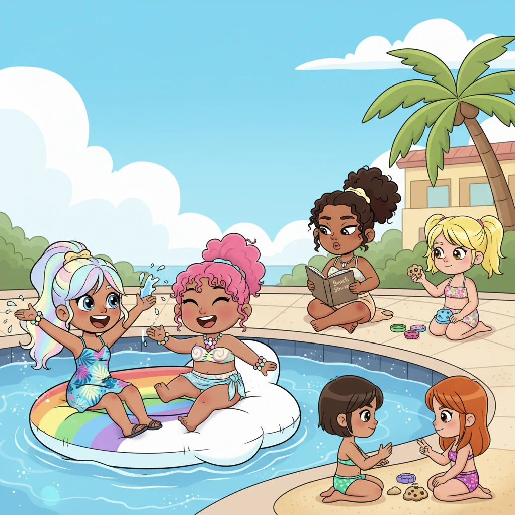 Riley and Lexi, inseparable, shared a giant, rainbow-colored floatie, splashing and laughing in the pool. Milla, with a sly glint in her eye, watched them from the poolside, pretending to read a book but secretly observing their close bond. Charlee, a ray of sunshine, baked imaginary cookies in the sand, sharing them with Zoe and Harper, who were engrossed in a complex game of rock-paper-scissors.