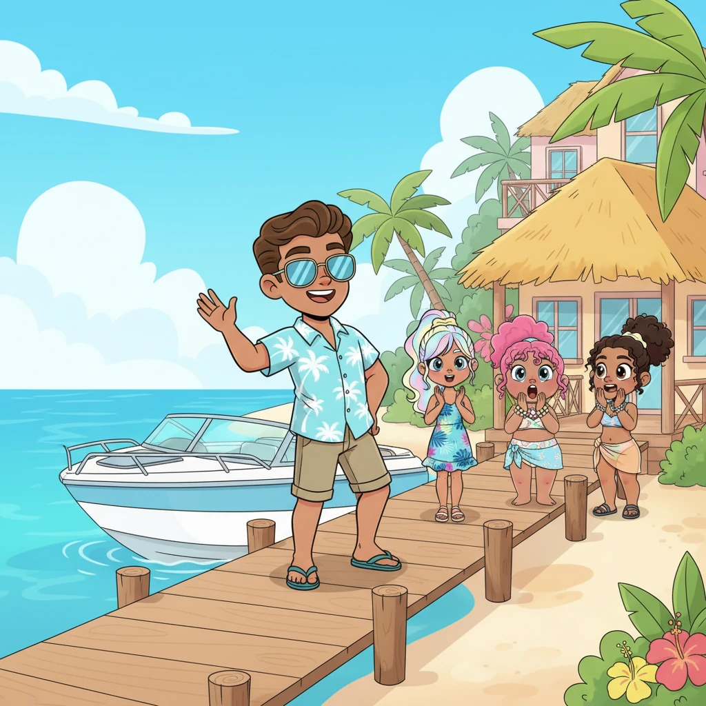 Suddenly, a sleek speedboat pulled up to the dock, and out stepped Harley, a new islander with a dazzling smile and cool sunglasses. All the girls gasped, their eyes wide with excitement at the handsome newcomer. He greeted everyone with a charming wave, causing a delightful buzz across the villa.