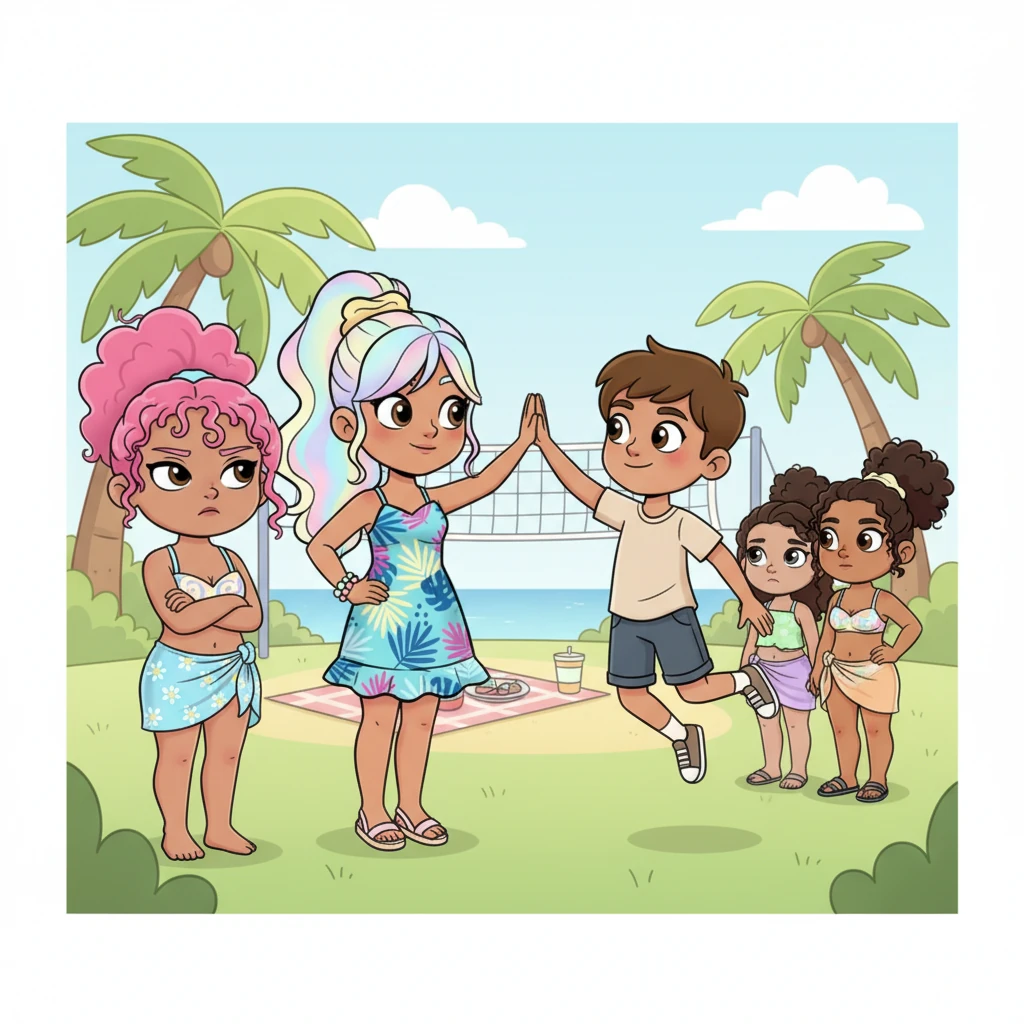 During a fun game of "Truth or Dare," Anjelyka boldly dared James to give her a "high-five of friendship," but her gaze lingered a little too long. Riley and Lexi exchanged knowing glances, their playful mood turning a little frosty. The other girls, seeing Riley's discomfort, subtly shifted closer to her, forming a protective circle.