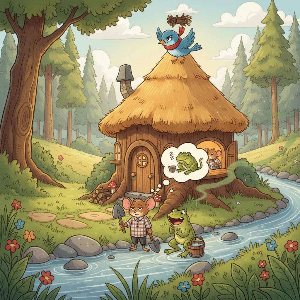 One sunny afternoon, Pip met a boastful Bluejay. The Bluejay mocked Pip's hard work, suggesting Nibbles and Croak were lazy. He planted a seed of discontent in Pip's heart, filling him with envy. Pip began to feel he was doing the most work.