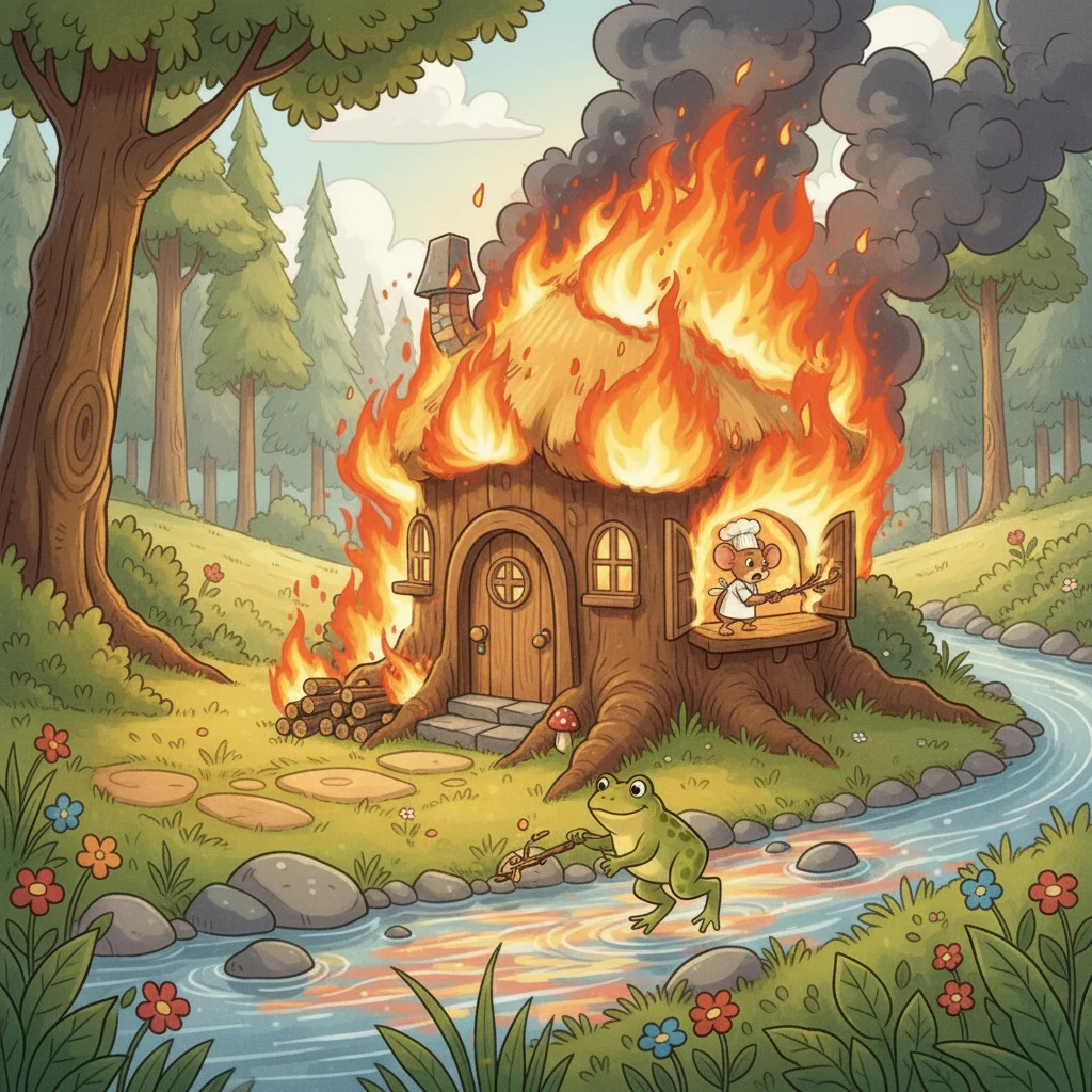 While Nibbles and Croak were busy, Pip attempted to cook. He fumbled with the fire, unaware of the danger. A spark flew out, igniting the firewood. The small house quickly became engulfed in flames, the smoke billowing into the sky.