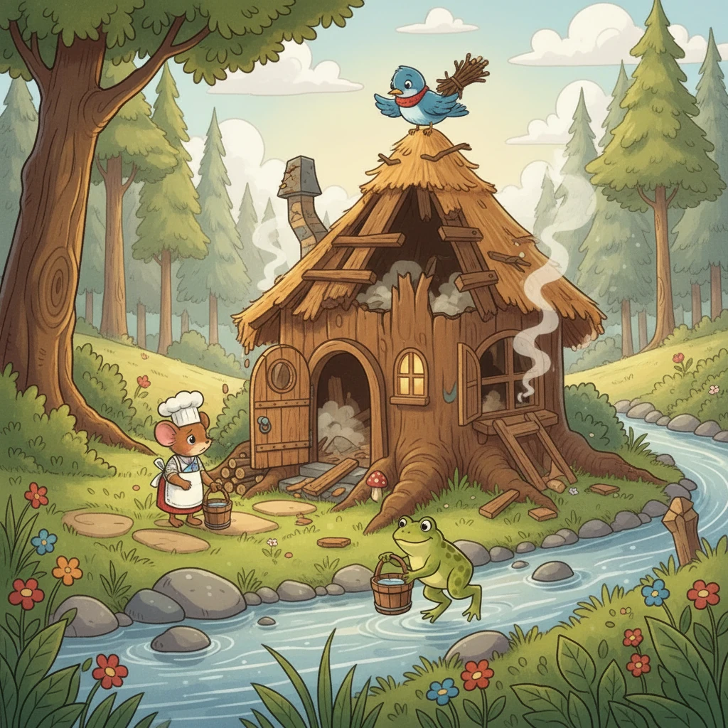 When Nibbles and Croak returned, they were horrified to see their home in ruins. Sadly, they realized they could no longer live together. With heavy hearts, they said goodbye, each going their separate ways. The bird Pip was now alone.