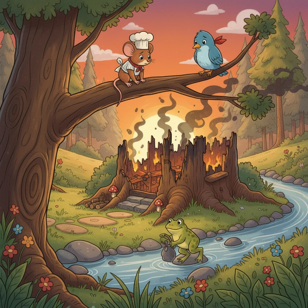 Pip perched atop a tall tree, watching the sun set over the remains of their home. He was filled with remorse, remembering the happy life they once shared. The warmth of the fire was gone, and he was alone, learning a valuable lesson about the true meaning of friendship and contentment.