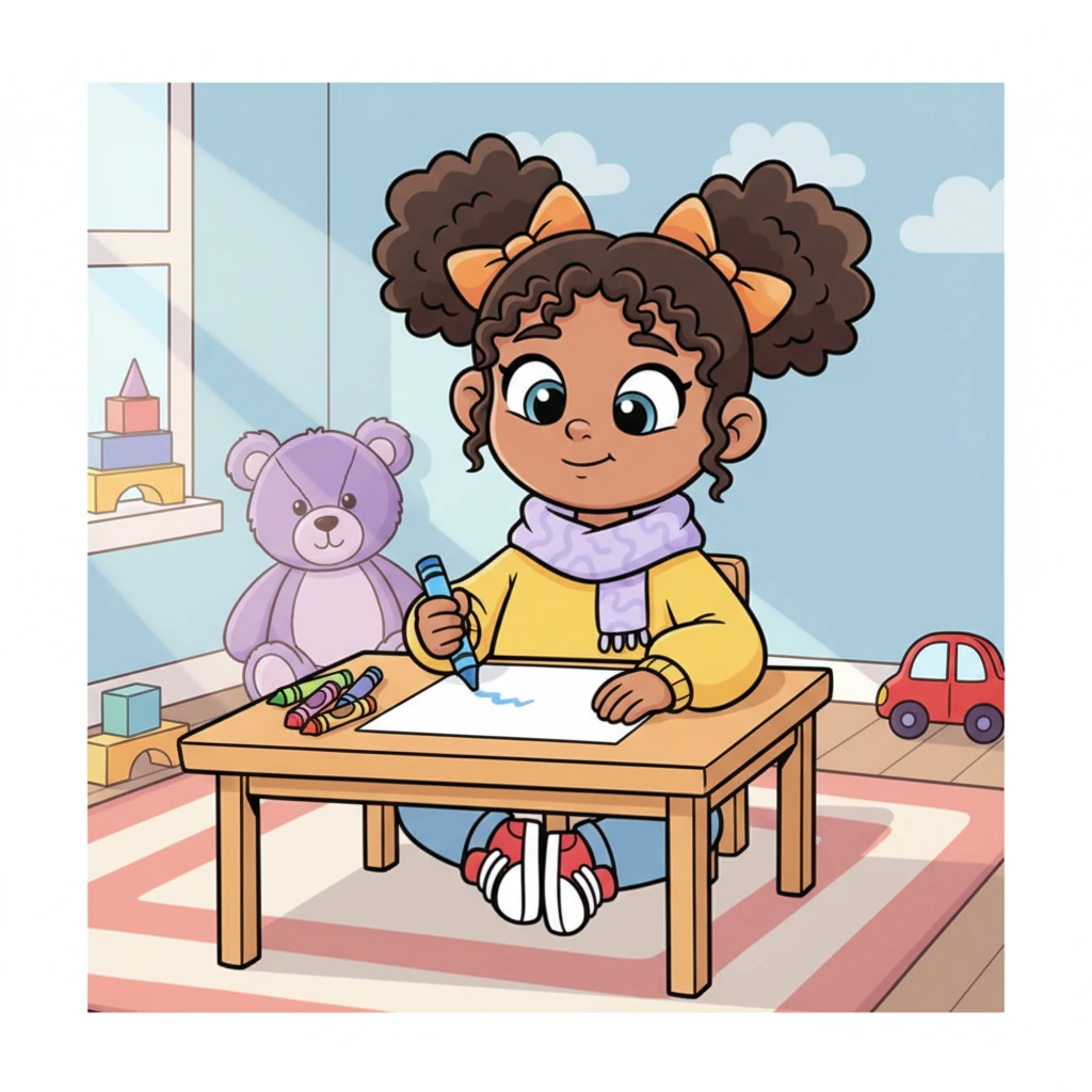 Pip, a cheerful child with bright, curious eyes, sits at a small wooden table. A pristine white paper lies before him, and he holds a vibrant blue crayon, pondering what grand creation might emerge from his fingertips. His room is filled with playful, colorful toys, but for now, the blank page holds all his attention.