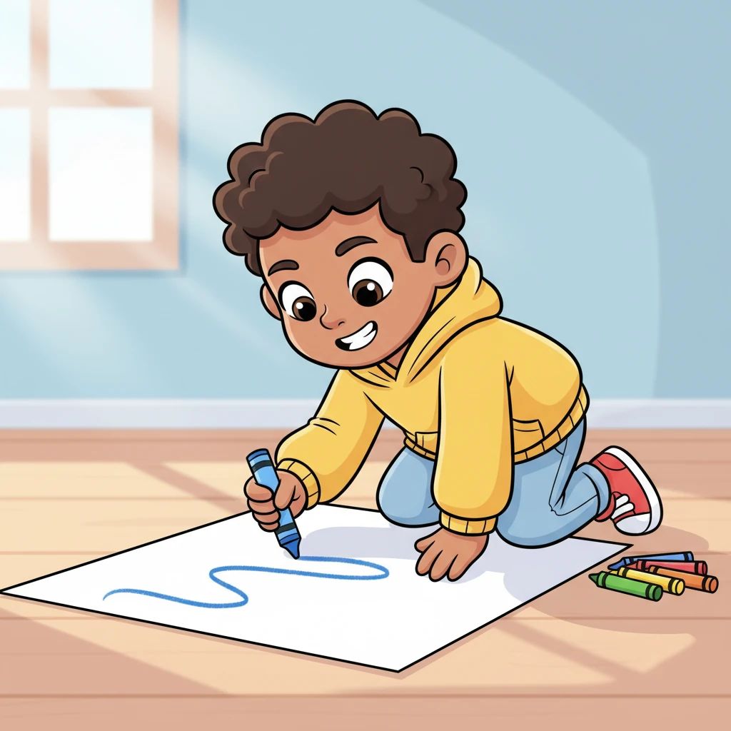 With a determined grin, Pip presses the crayon to the paper and draws a single, long, wobbly blue line. It snakes across the page, simple and unpretentious, a testament to pure, uninhibited creation. He leans back, admiring his initial stroke, wondering what it could become.