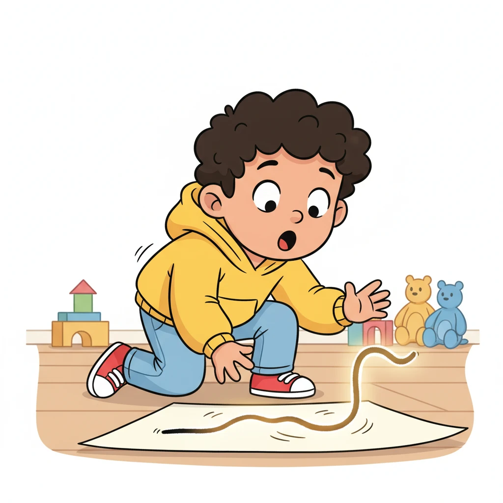 Suddenly, the wobbly line begins to glow with a soft, warm light. It wiggles gently, lifting itself ever so slightly from the paper, like a sleeping creature stretching awake. Pip's eyes widen in amazement, his mouth forming a perfect 'O' of surprise and delight.