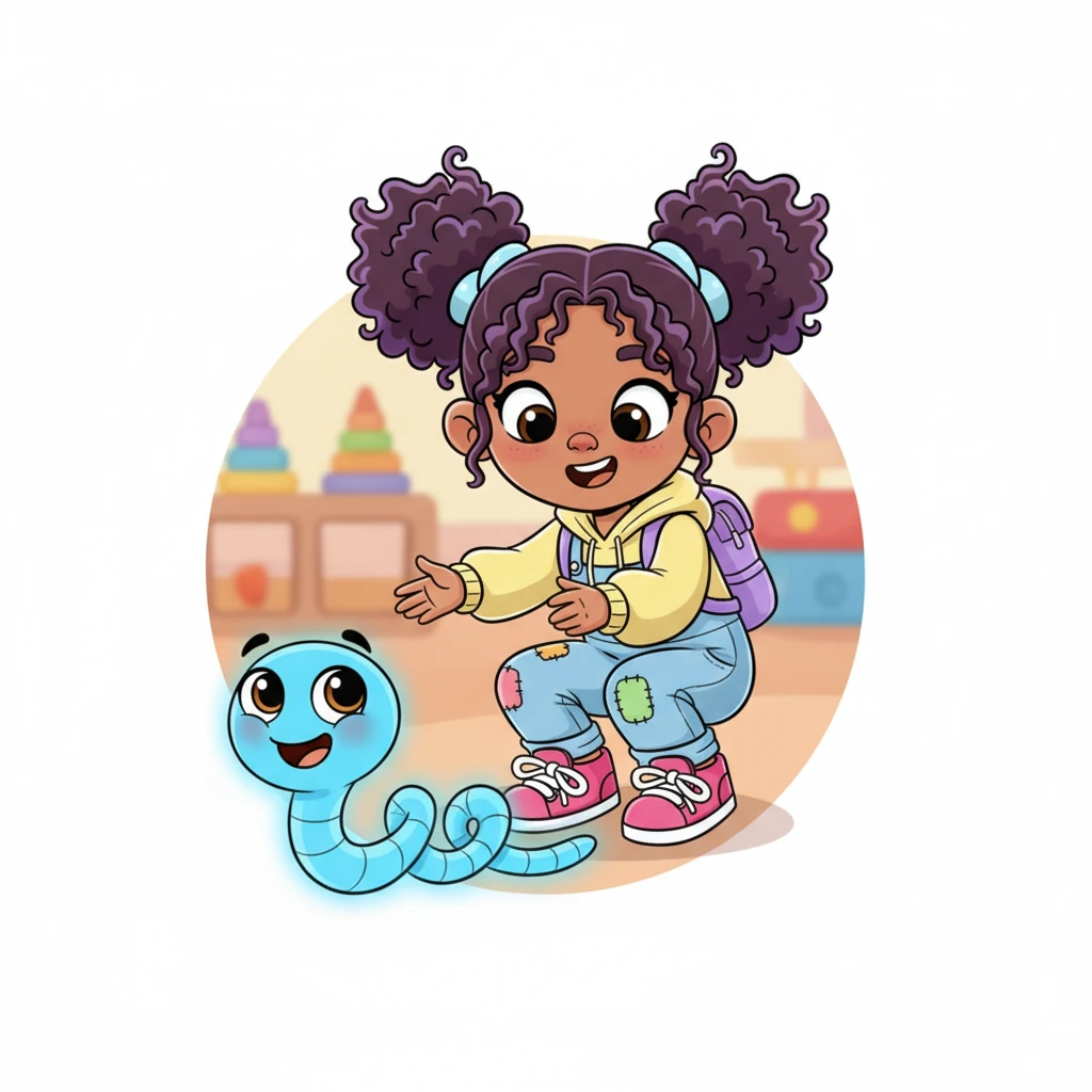 The glowing line twists and turns, transforming before Pip's very eyes into a friendly, squiggly worm-like creature. It has two big, sparkling eyes and a wide, cheerful smile, its body a vibrant blue matching Pip's crayon. It blinks at Pip, full of curiosity and mischief.