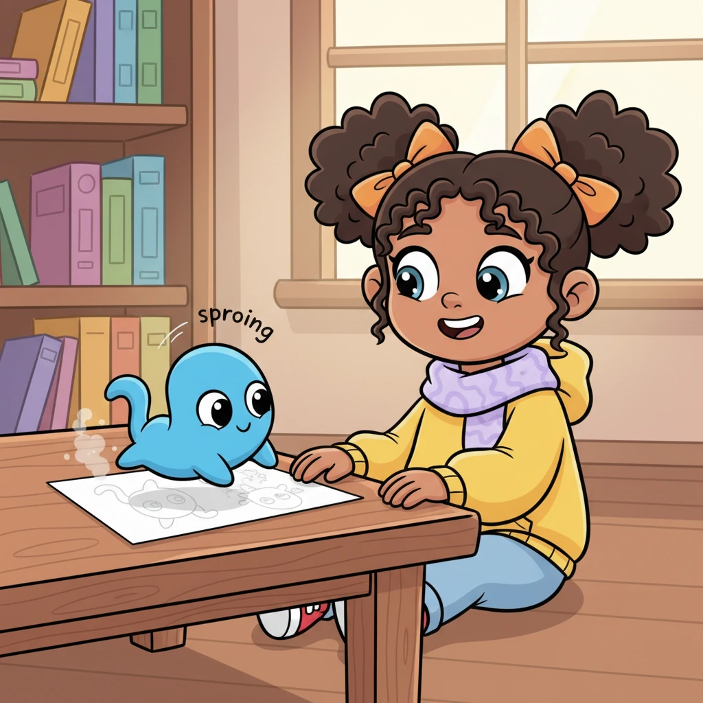 The squiggly creature, which Pip instantly names 'Wiggle,' gives a playful bounce and leaps off the paper. It lands softly on the table, then wiggles towards the edge, looking back at Pip with an inviting gaze. Wiggle's expressive face clearly asks Pip to join the fun.