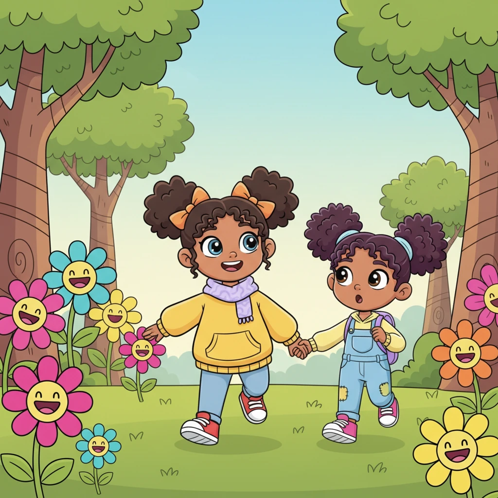 Wiggle leads Pip into an extraordinary world that seems to have bloomed right out of his room. The floor has become a grassy field, and cartoonish trees with swirling trunks and giant, happy flowers in every imaginable color spring up around them. It's a whimsical landscape, drawn in the same bold, clean style.