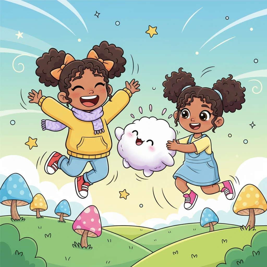 In this fantastical realm, they encounter a bouncy, cloud-like creature with a giggly face, floating gently through the air. Wiggle nudges it playfully, and soon all three are jumping and laughing together, their joyful sounds echoing through the vibrant, animated world. Pip's heart swells with pure happiness.