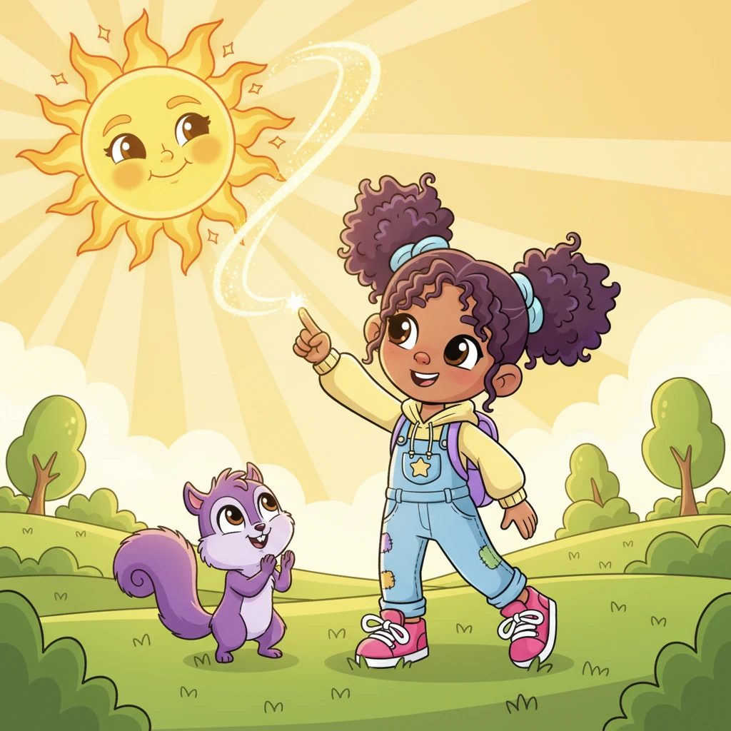 Wiggle then shows Pip the true magic of his imagination. Pip draws a big, beaming sun in the air with his finger, and instantly, a radiant, cartoon sun appears in the sky, casting warm, golden light over their adventure. Its bright rays make the colors of their world even more brilliant.