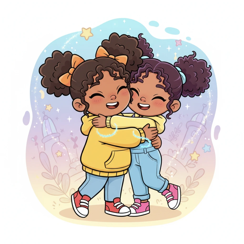 As the magical world begins to softly shimmer and fade, signaling the end of their adventure, Wiggle gives Pip a warm, squishy hug. A tiny, sparkling blue line, like a secret whisper of their journey, appears on Pip's hand, a memento of their shared wonder.