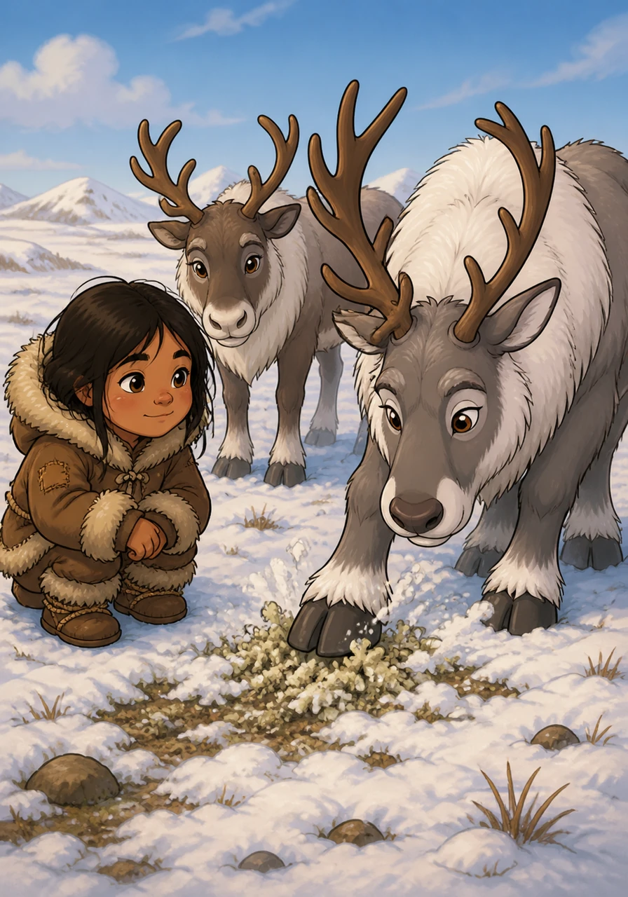 La petite fille observe attentivement les rennes qui grattent la neige avec leurs sabots puissants pour découvrir le lichen caché, apprenant ainsi à se nourrir de ce que la terre offre.