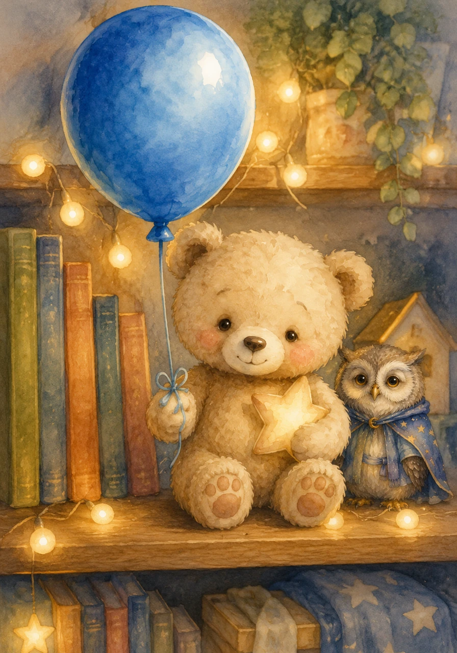 Leo, a small, soft teddy bear, lived on a cozy bedroom shelf, surrounded by twinkling fairy lights and colorful picture books. His favorite toy was a big, bright blue balloon that tied to his paw every evening.