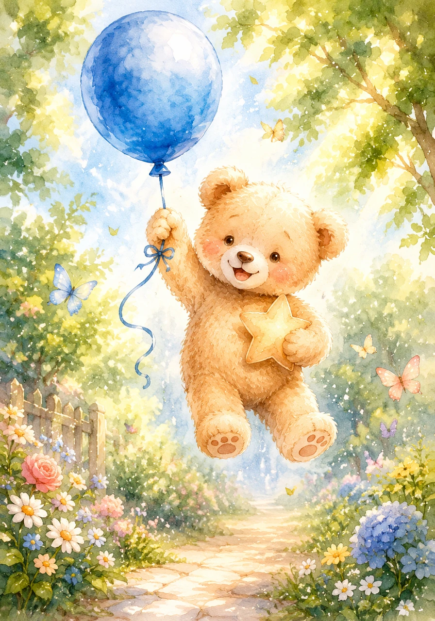 Holding his blue balloon, Leo felt a gentle pull. Suddenly, his feet lifted off the ground, and he began to float softly through the air.