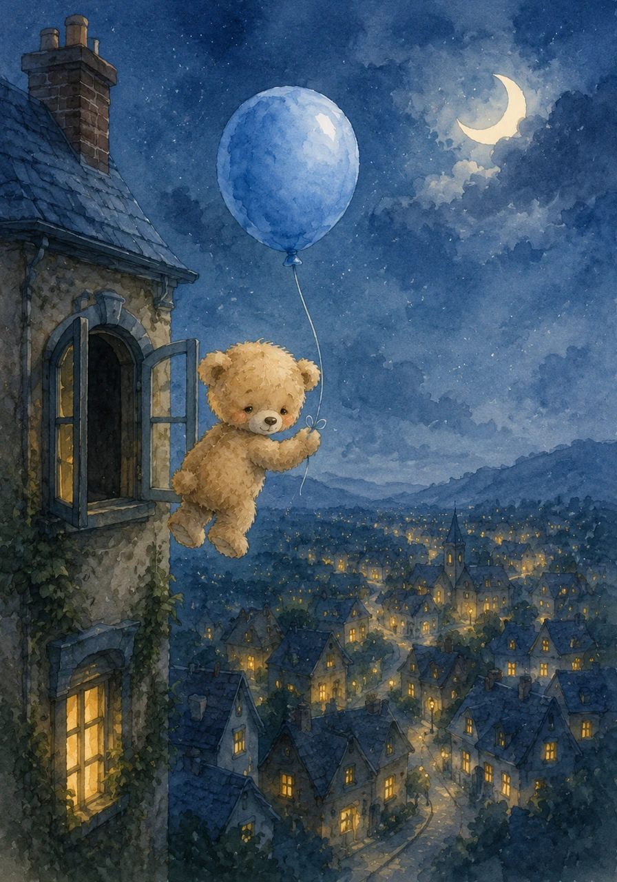 Up, up, and away! Leo and his blue balloon floated out the window, sailing above the sleeping town where tiny yellow lights glowed below.
