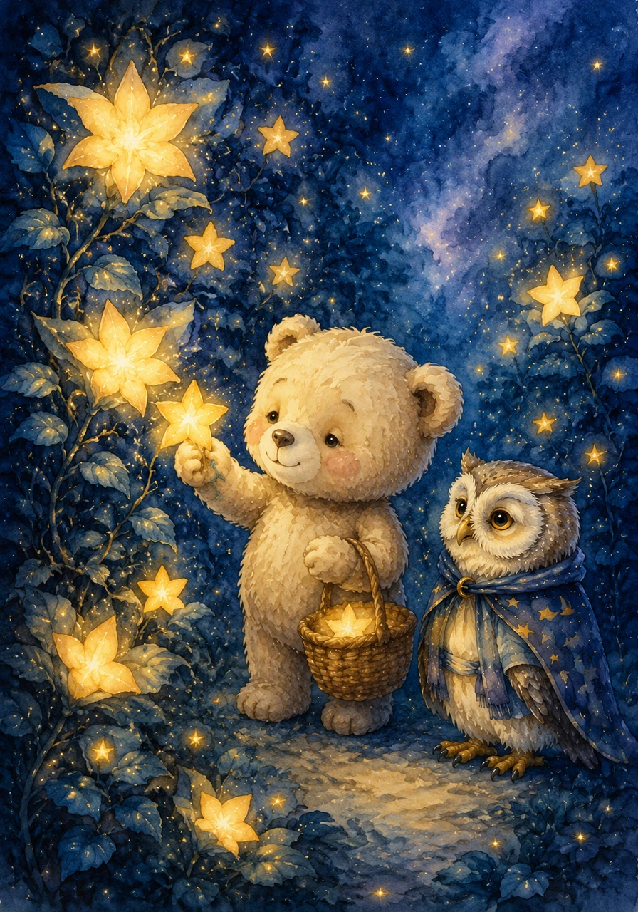 His first stop was the Star Garden, where brilliant stars bloomed like giant, sparkling flowers on dark blue vines. Leo picked a small, glowing star to keep.
