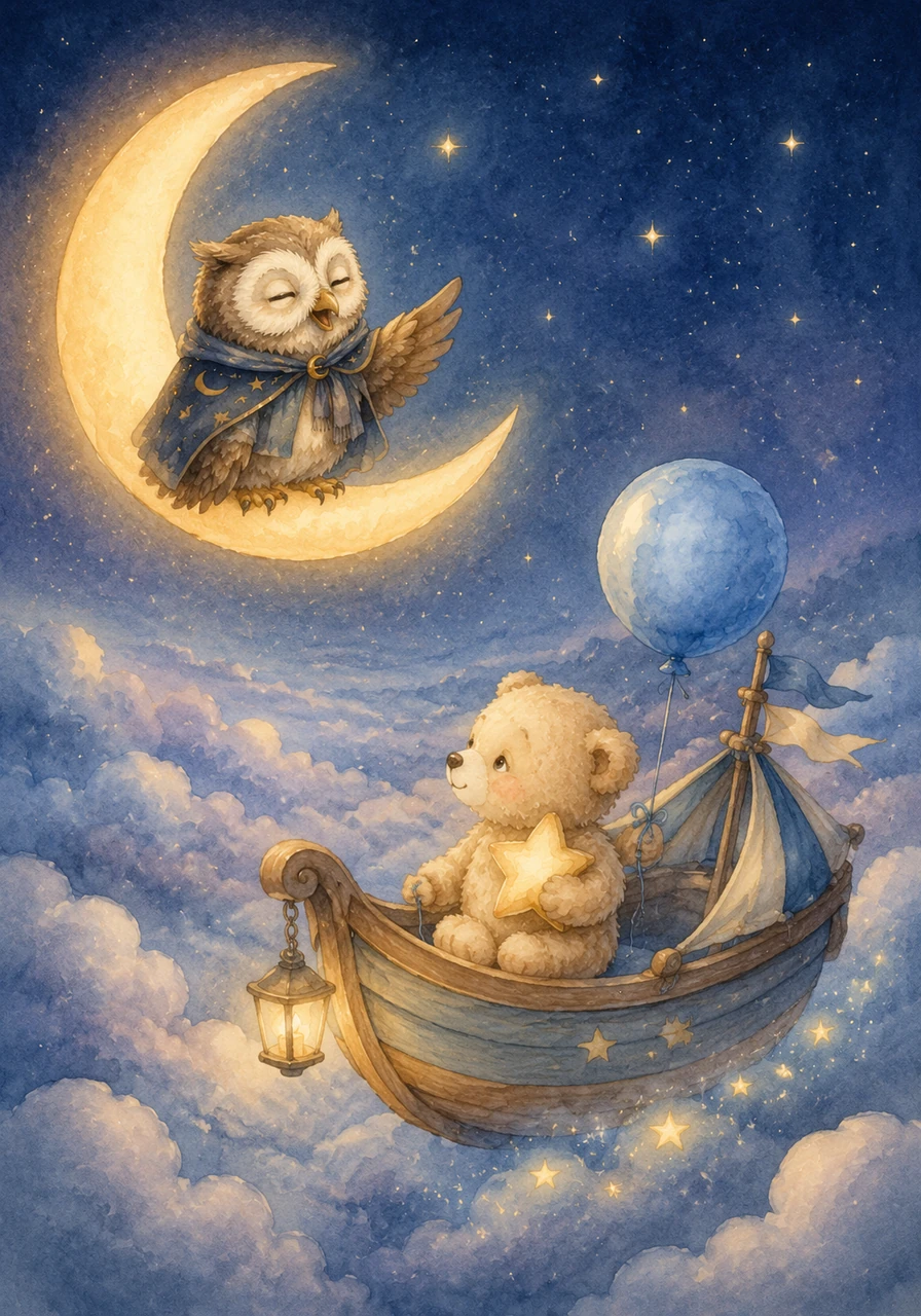 High above the clouds, a wise old Owl named Oliver was resting on a crescent moon. 'Sleep well, brave Leo,' Oliver whispered, hooting softly as the bear sailed by.