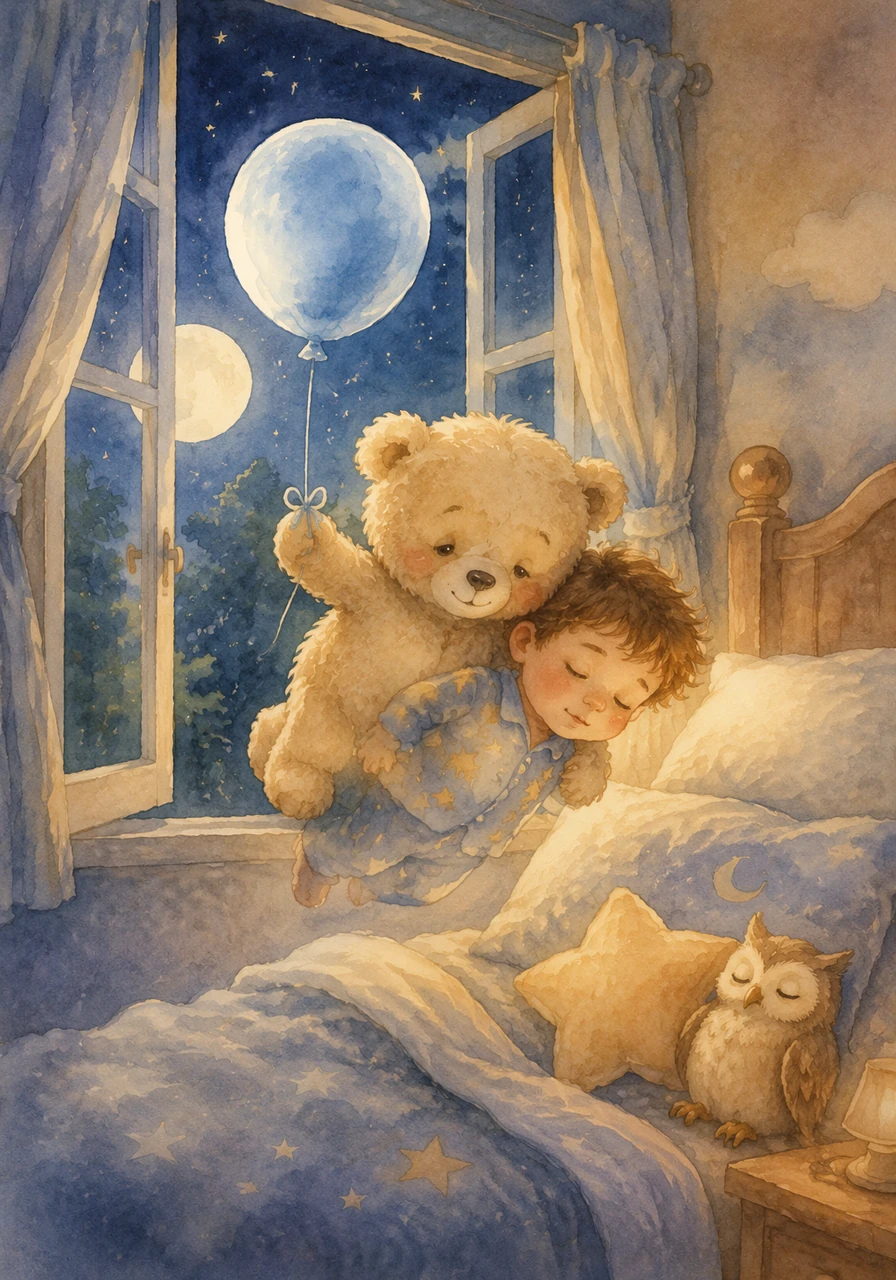 Feeling warm and sleepy, the blue balloon slowly guided Leo back towards home. They drifted through the window and landed gently on his bed.