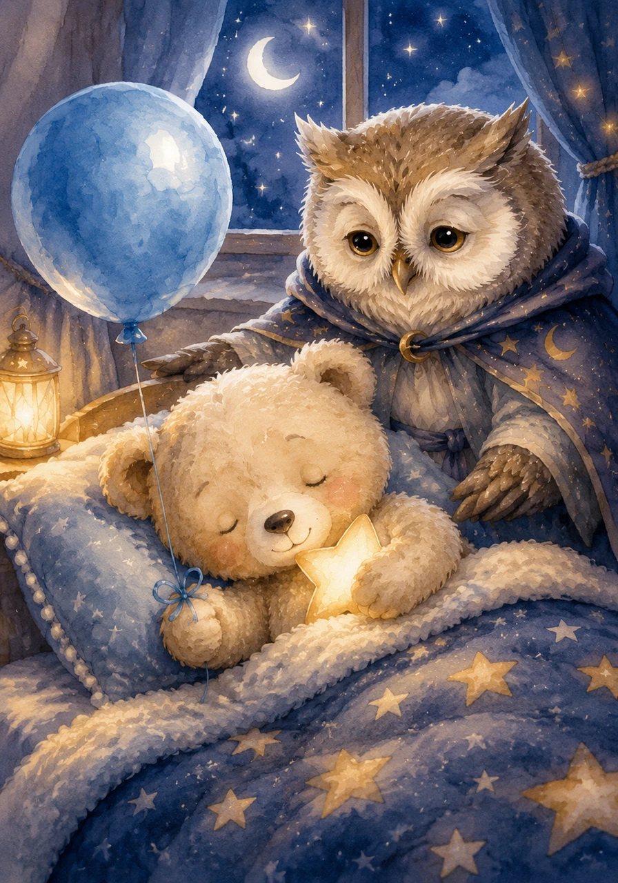 With his star safely tucked under his arm and the blue balloon tied to his wrist, Leo snuggled down under his fuzzy blanket. His eyes closed, and he was soon fast asleep, dreaming happy dreams.
