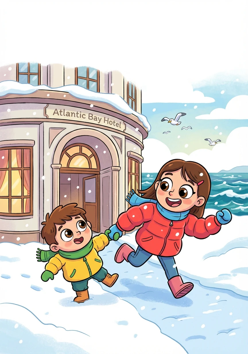 The Millerton family arrived at the Atlantic Bay Hotel, a grand building overlooking the chilly December sea. Amy and Benjamin, bundled in their winter coats, couldn't wait to see the indoor pool.