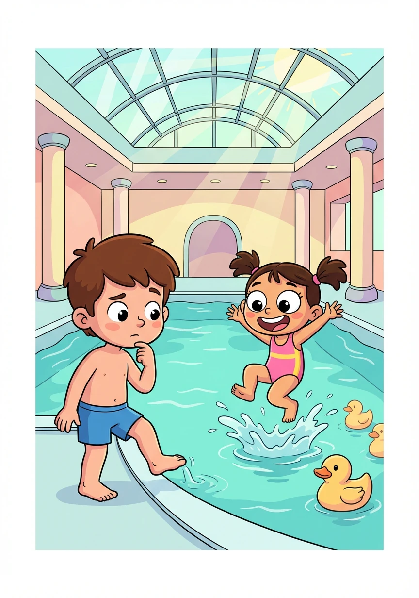 The indoor pool was even more amazing than they imagined! Amy immediately started doing cannonballs, while Benjamin carefully tested the water with his toes.