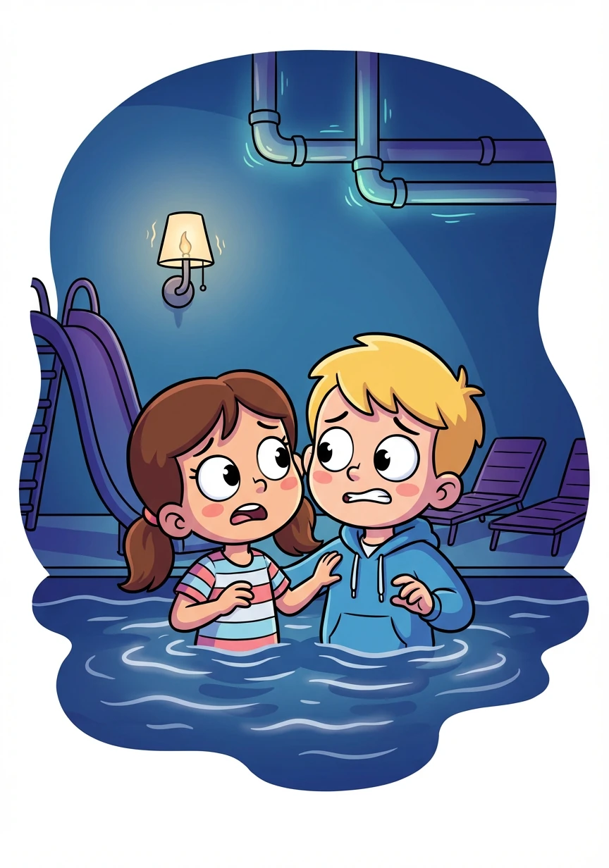 Suddenly, the lights flickered, and the pool area went dark! A strange humming sound filled the air, making Amy and Benjamin a little nervous.