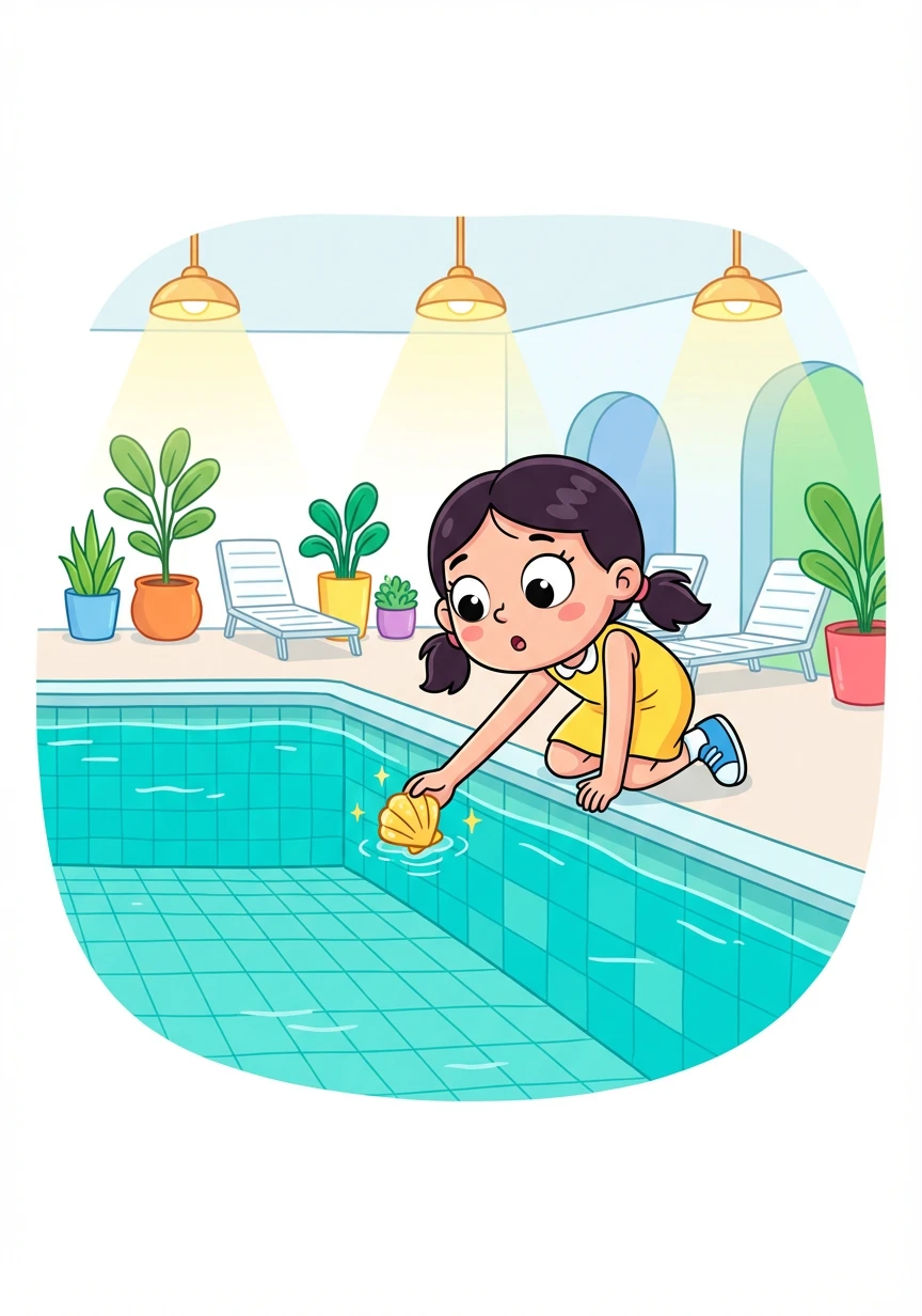 When the lights came back on, a small, shimmering object floated on the surface of the pool. Amy cautiously reached out and grabbed it. It was a golden seashell!