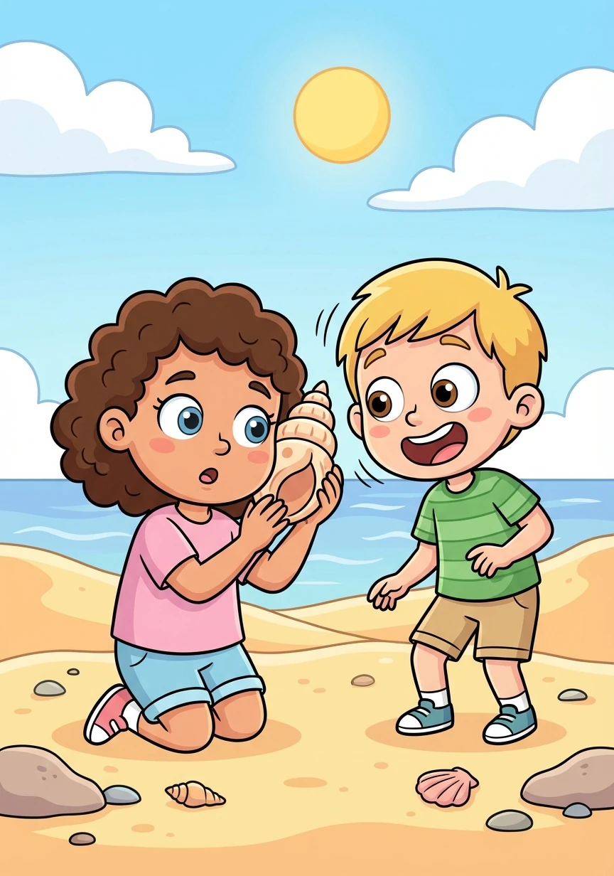 As Amy held the seashell, she heard a faint whisper, 'Help us!' She looked at Benjamin, who nodded, wide-eyed with excitement and a hint of fear.