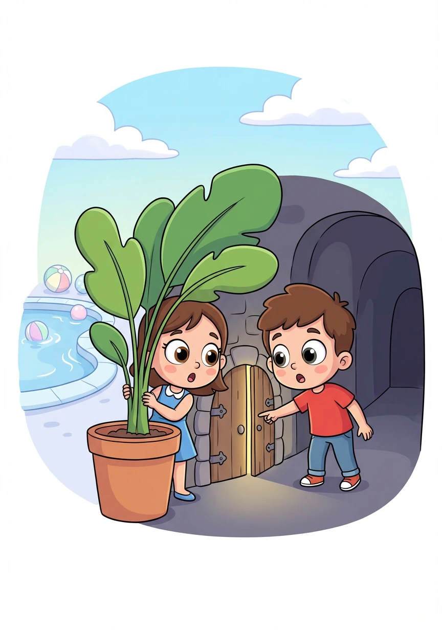 Following the whispers, Amy and Benjamin discovered a hidden door behind a large potted plant near the pool. It led to a dimly lit hallway.