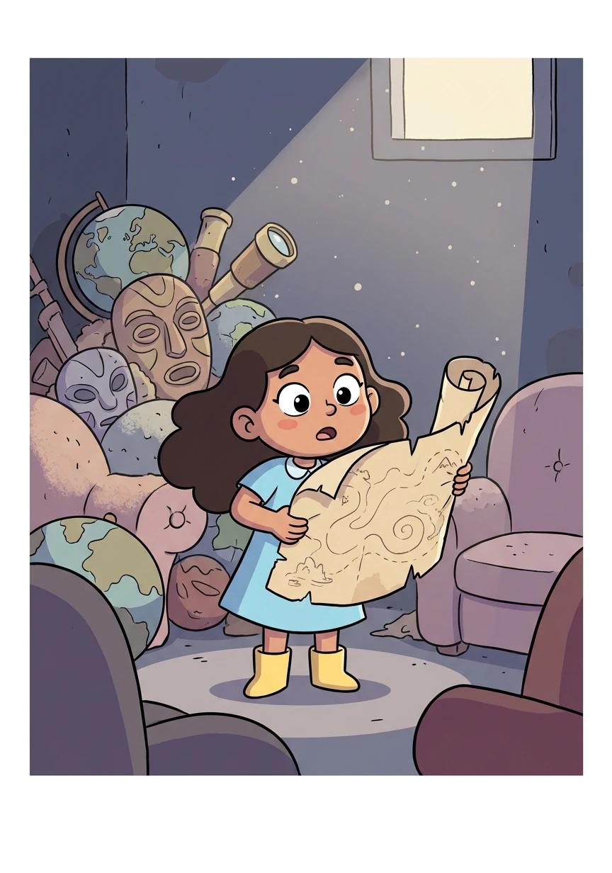 The hallway opened into a dusty old room filled with strange artifacts. They found an old map that seemed to show secret tunnels beneath the hotel!