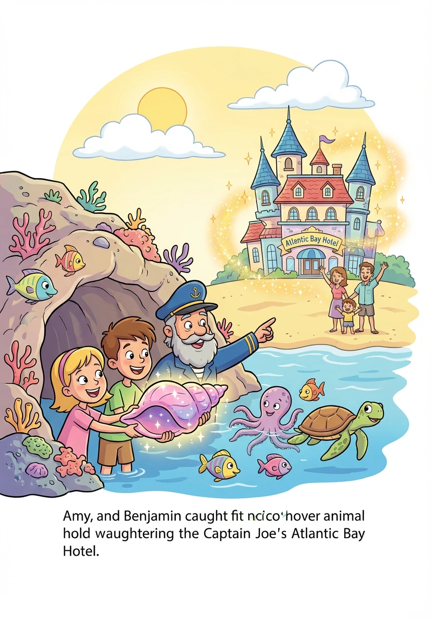 Together, Amy, Benjamin, and Captain Joe used the seashell to open the cave, freeing the sea creatures. The Atlantic Bay Hotel sparkled with renewed magic, and the Millerton family continued their vacation, forever bonded by their shared adventure.