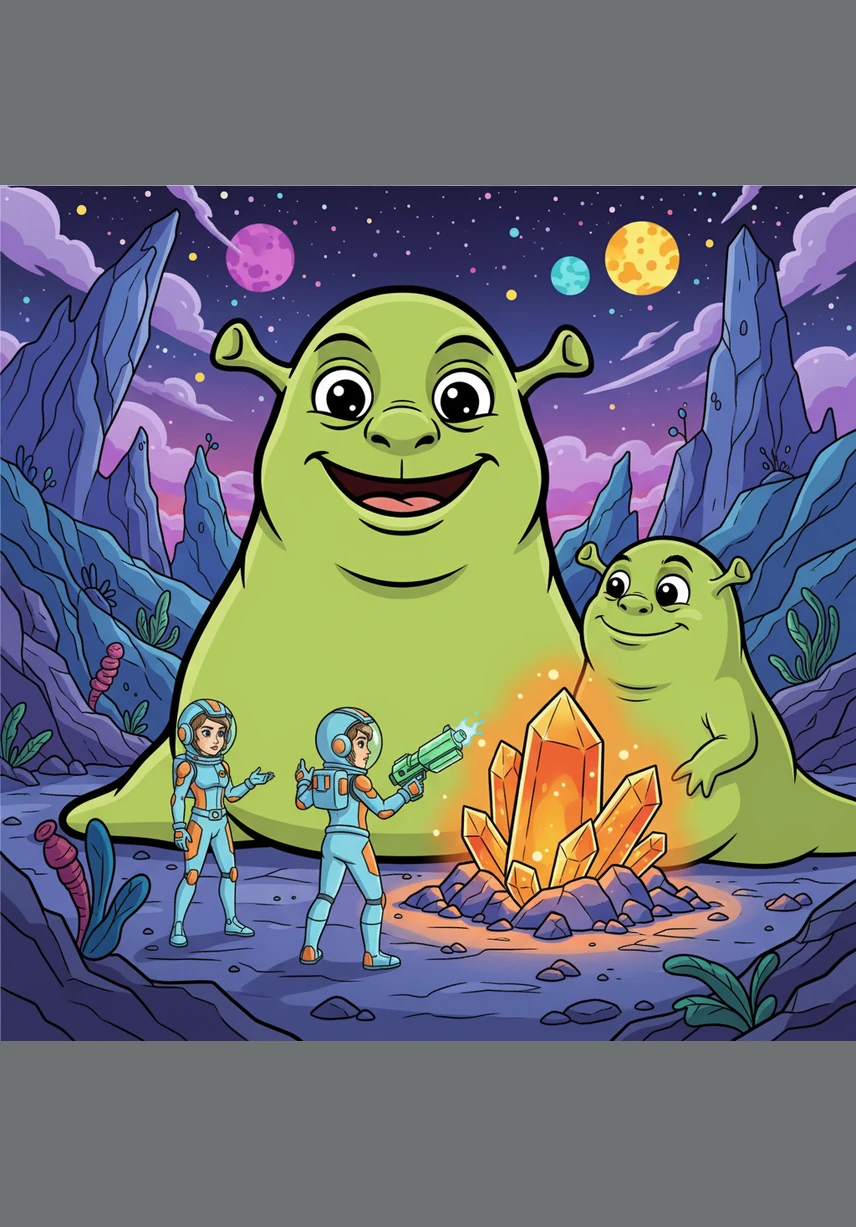 Aliens live on the planet. They are huge green aliens that look like slugs, have ears like Shrek, and move silently through the weightless air.
