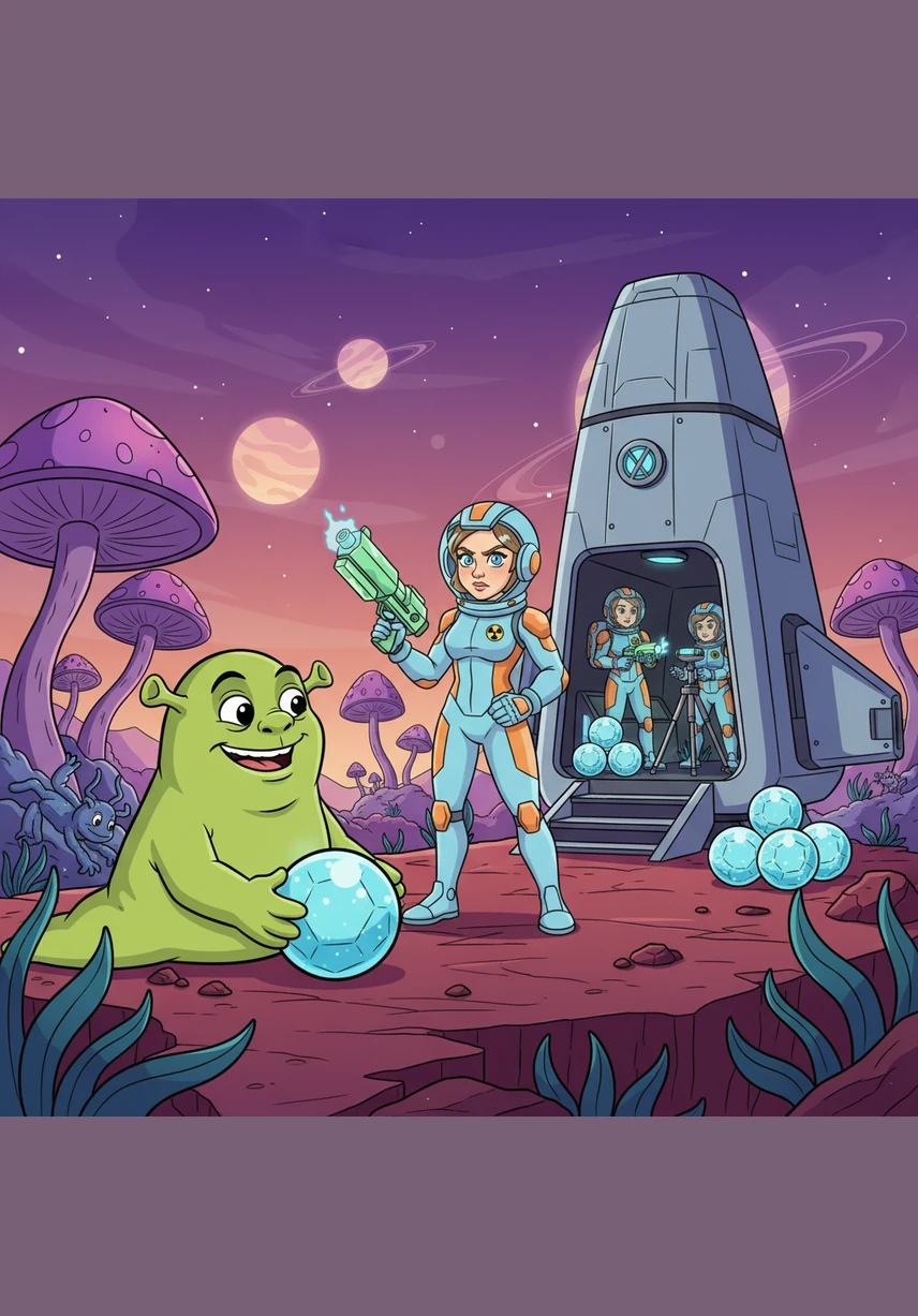 Humans have landed on their planet to get radioactive metal that they need for their technology. Their silver spaceship rests near a glowing canyon as the crew begins their mission.