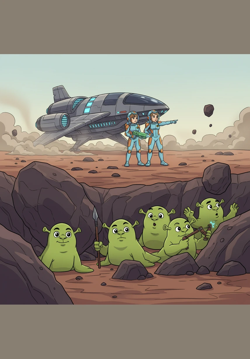 The aliens see the humans at their spaceship. They watch from behind floating boulders, preparing to defend their home from the visitors.