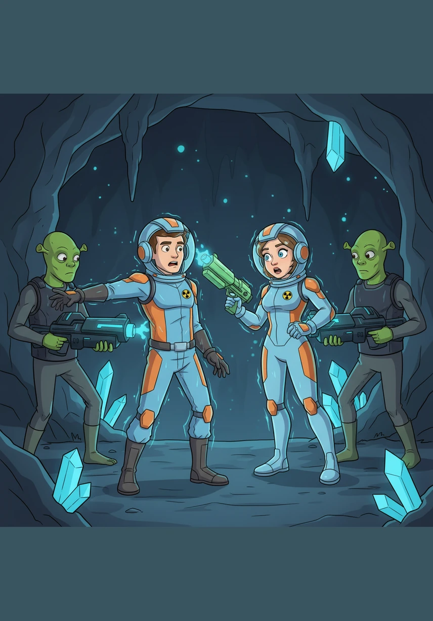 The humans are frozen by the guns during a sudden encounter. The explorers are stuck in place like statues, unable to move or speak.