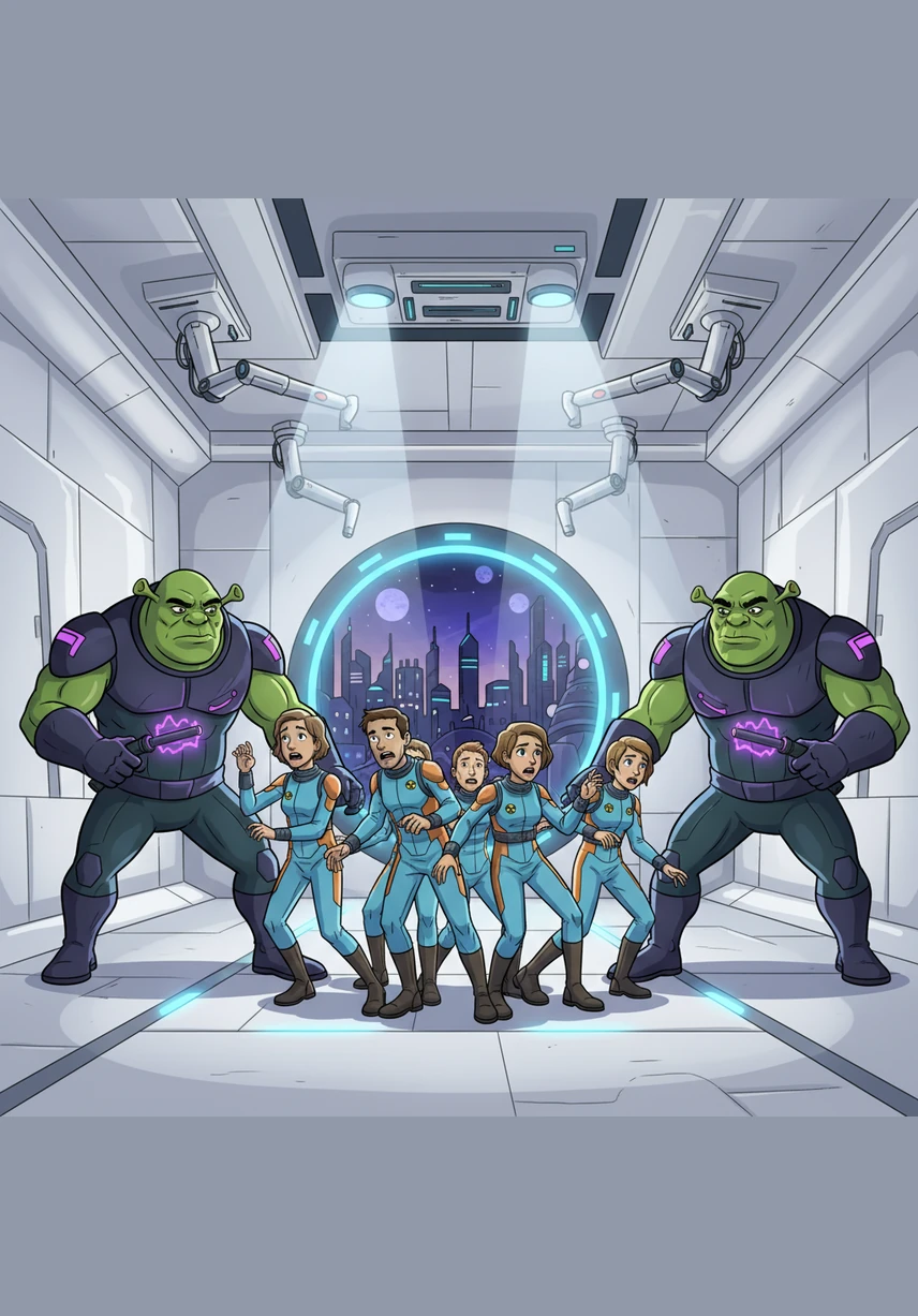 The humans are dragged to an inspection place. It’s a big empty room with high walls where the aliens keep their captives for study.