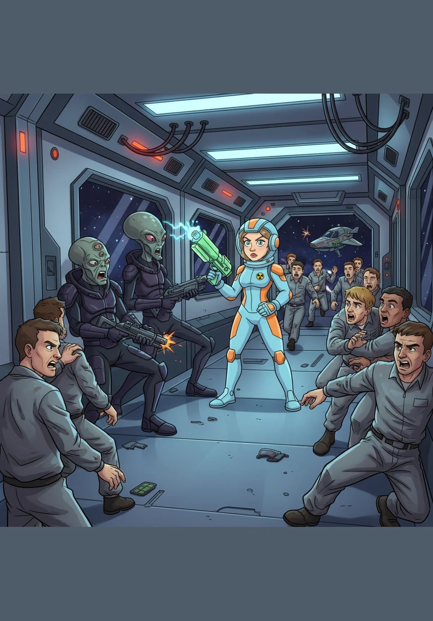 The humans manage to escape by ambushing the aliens when they are not looking. They quickly grab the weapons and use the guns to freeze the aliens instead.