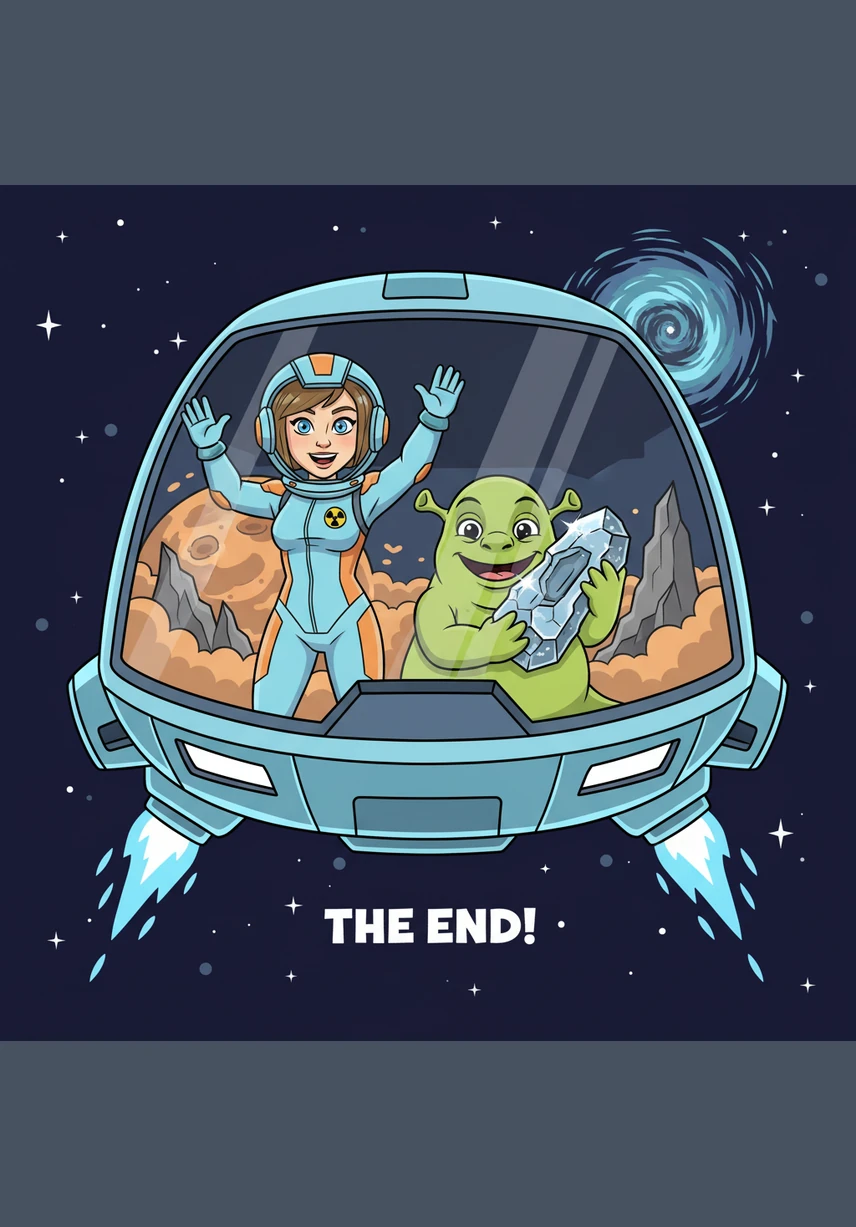 The smart humans get the metal and return back home in their spaceship. Their mission is finally complete as they leave the gravity-free world behind. THE END!