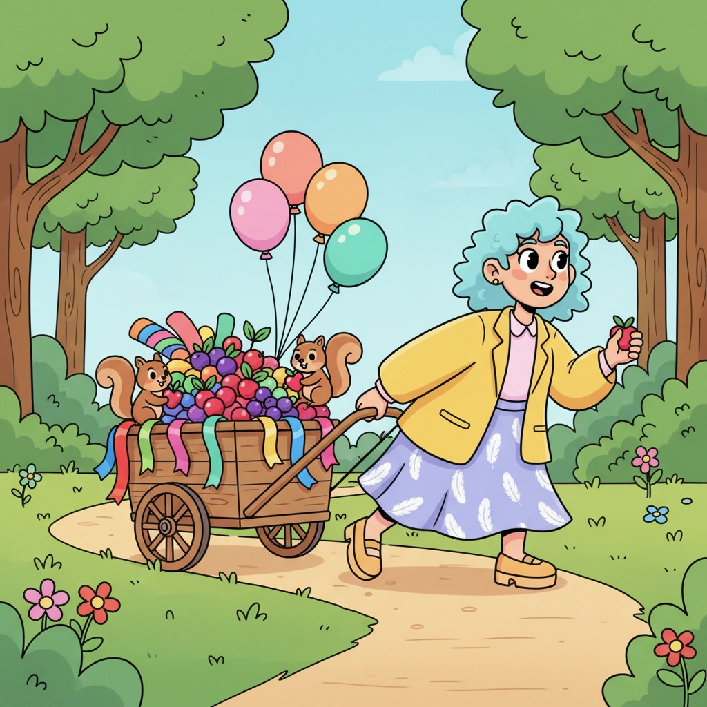 Com um espírito determinado, Pipoca parte para coletar os materiais mais festivos. Ela puxa um carrinho minúsculo transbordando de fitas coloridas, balões cintilantes e as mais suculentas frutas silvestres, que ela encontrou com a ajuda de seus amigos esquilos.