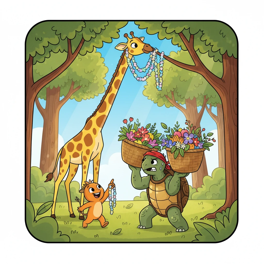 Para os preparativos mais desafiadores, Pipoca pede ajuda aos seus amigos. Tito, a tartaruga forte, carrega as cestas pesadas, enquanto Gigi, a girafa de pescoço comprido, pendura guirlandas cintilantes nos galhos mais altos.