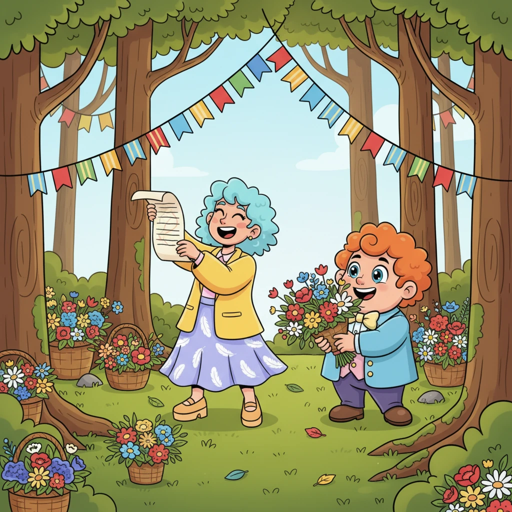 A clareira da floresta se transforma em um espetáculo de cores. Banners brilhantes são esticados entre as árvores e buquês de flores silvestres, cuidadosamente arranjados, adicionam um toque de magia a cada canto.