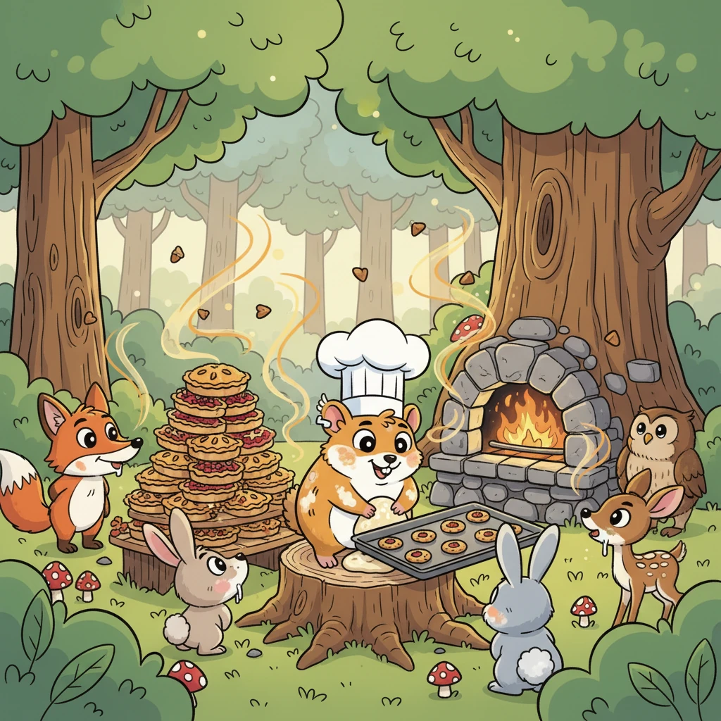 Com seu chapéu de chefe de cozinha em miniatura, Pipoca assa uma montanha de tortas de frutas silvestres e biscoitos de bolota. O aroma delicioso se espalha pelo ar, fazendo com que todos os animais da floresta sintam água na boca.